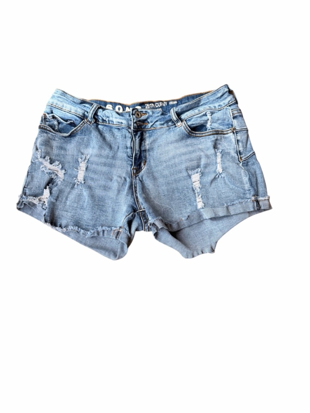 Women’s Light Blue Distressed Denim Shorts with Frayed Hem. SONG brand